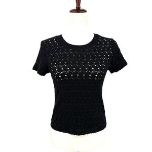 GAP Women's XXS Black Sheer Crocheted Knit Crewneck Short Sleeve T-Shirt Top